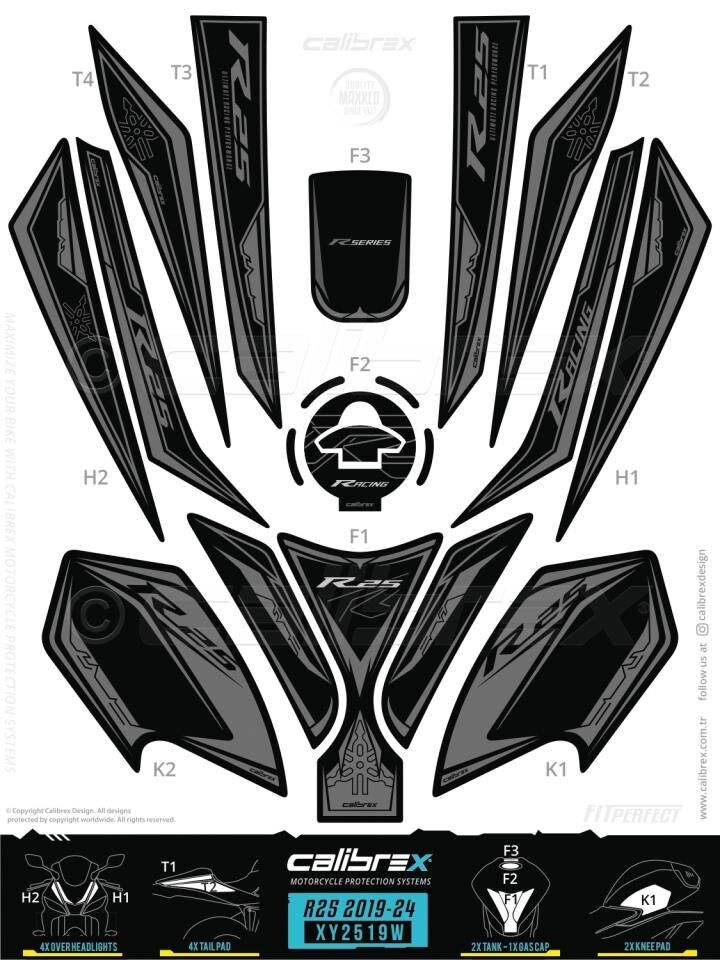 YAMAHA YZF R25 TANK PAD FULL SET 13 PARÇA SİYAH-GRİ 2019-2024