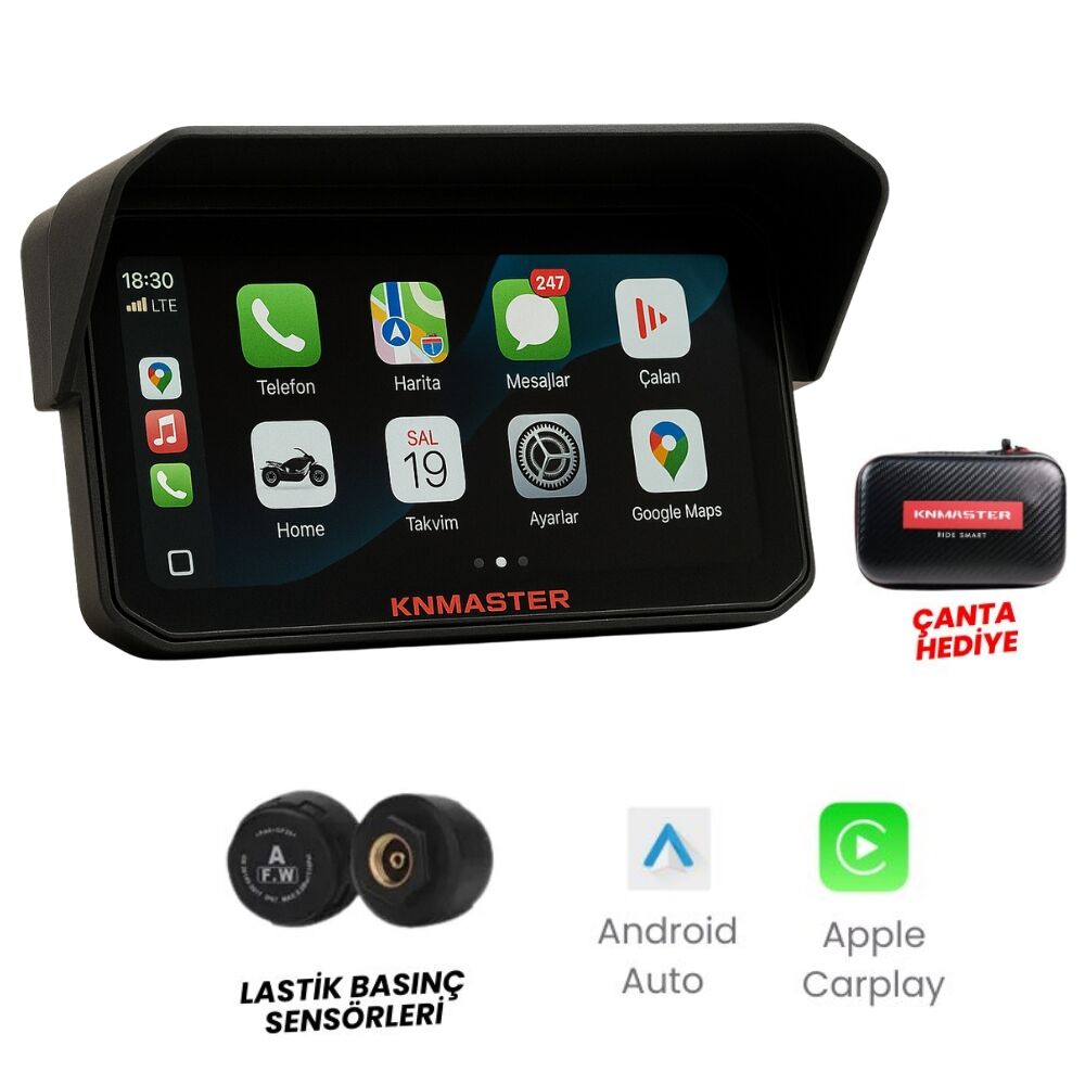 KNMASTER MOTOPLAY 1500 6.25” TPMS Sensörlü Kablosuz CarPlay & Android Auto Destekli Motosiklet Multimedya Ekranı