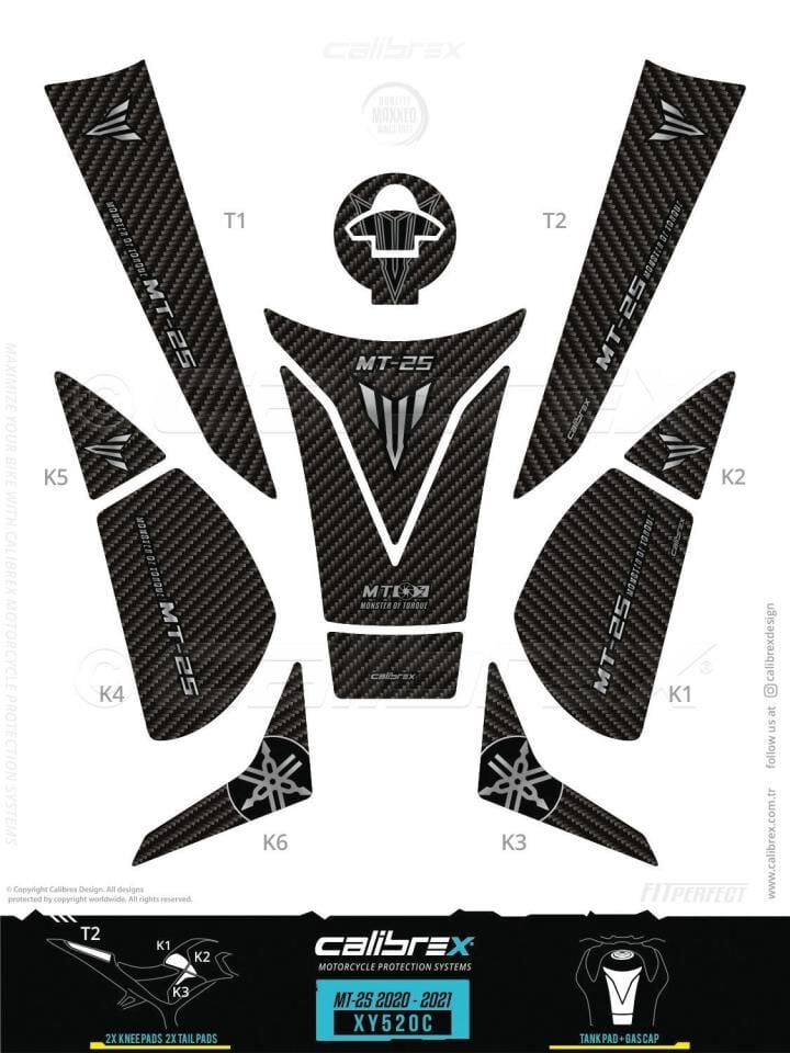YAMAHA MT 25 TANK PAD FULL SET 12 PARÇA SİYAH-GRİ KARBON 2019-2024