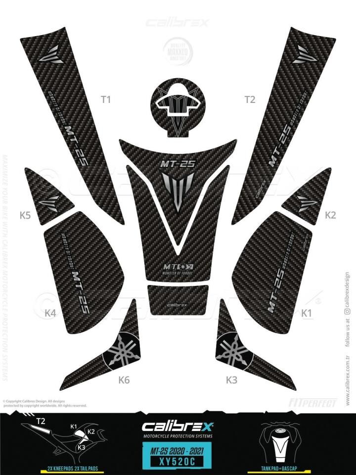 YAMAHA MT 25 TANK PAD FULL SET 12 PARÇA SİYAH-GRİ KARBON 2019-2024