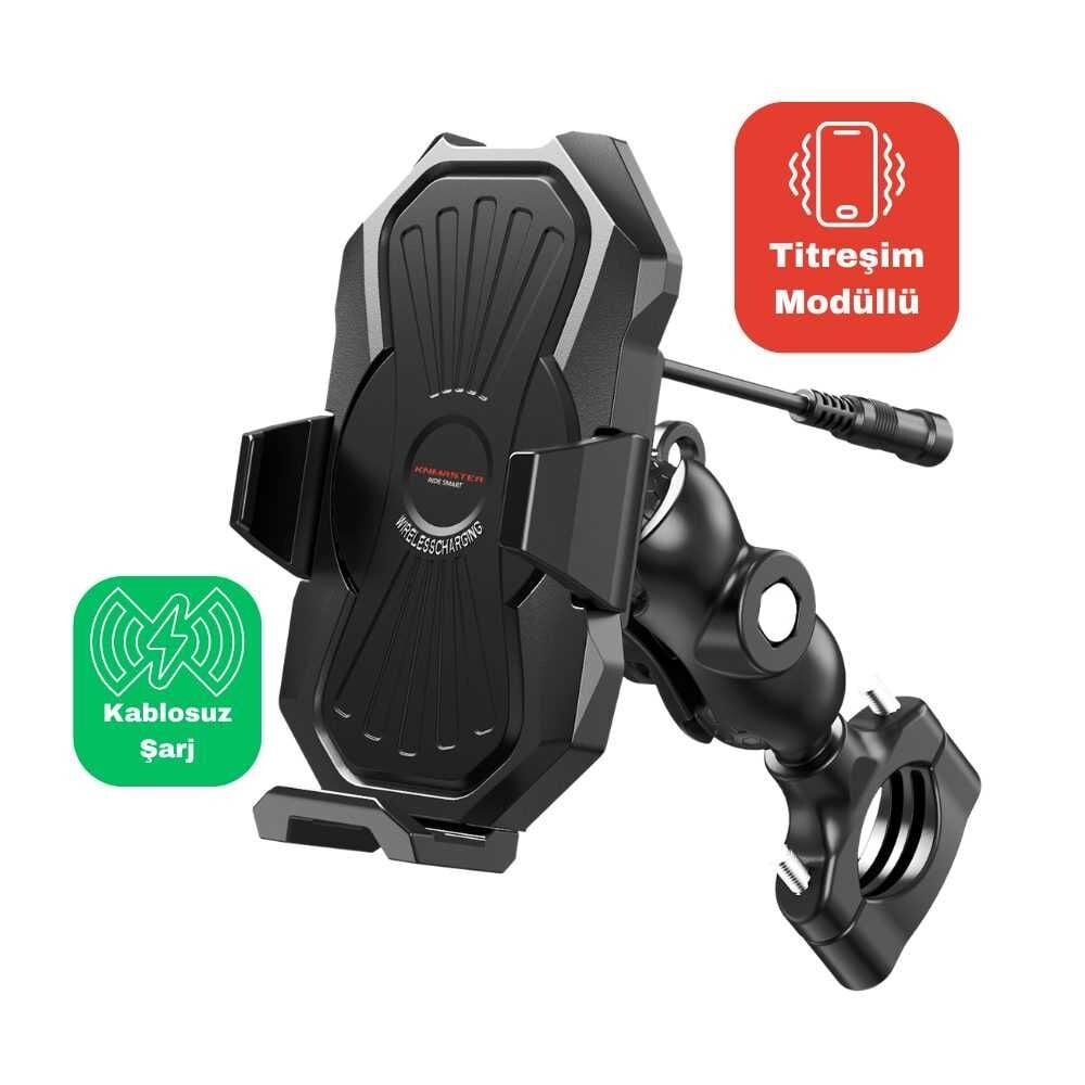 KNMASTER TT-880 WU Kablosuz Şarjlı Titreşim Önleyicili Motosiklet Telefon Tutucu Gidon Bağlantılı