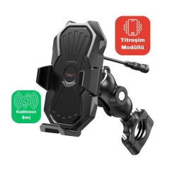 KNMASTER TT-880 WU Kablosuz Şarjlı Titreşim Önleyicili Motosiklet Telefon Tutucu Gidon Bağlantılı