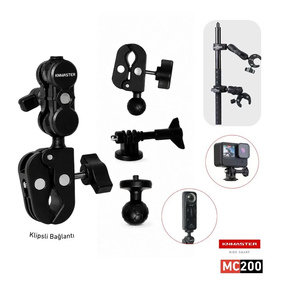 KNMASTER MC-200 – 360° Ayarlanabilir Motosiklet Çift Yengeç Kelepçeli (Double Clamp) Aksiyon Kamera Destek Aparatı (17 cm)