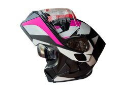 ÇENE AÇILIR KASK MAT BLACK WİTH NEON DECAL C1 PEMBE-BEYAZ-SİYAH L BEDEN JK906-1