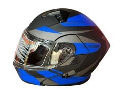 ÇENE AÇILIR KASK MAT BLACK WİTH BLUE DECAL C1 MAVİ-GRİ-SİYAH L JK906-1