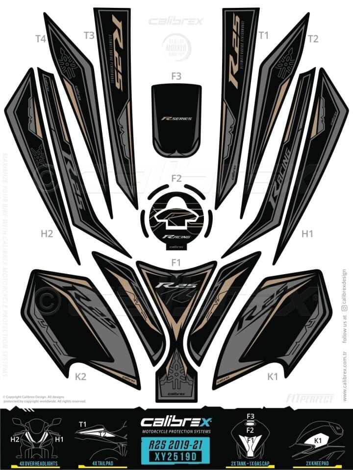 YAMAHA YZF R25 TANK PAD FULL SET 15 PARÇA SİYAH-FÜME 2019-2024