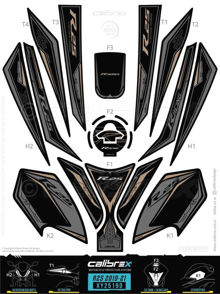 YAMAHA YZF R25 TANK PAD FULL SET 15 PARÇA SİYAH-FÜME 2019-2024