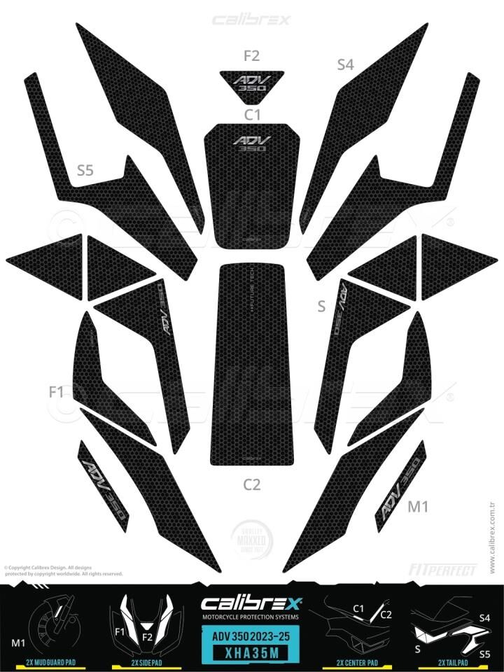 HONDA ADV 350 TANK PAD FULL SET 19 PARÇA SİYAH-GRİ DESENLİ 2023-2024
