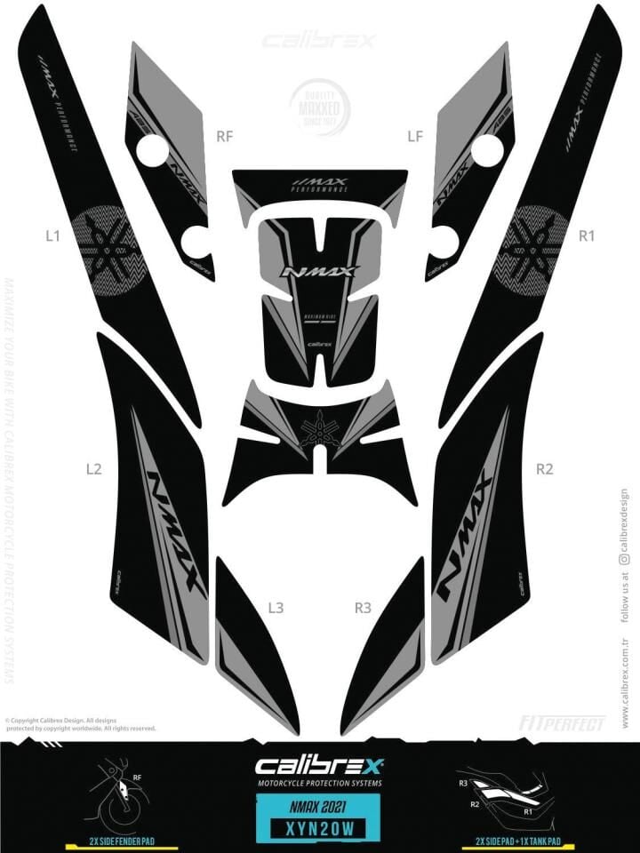 YAMAHA NMAX 125-155 TANK PAD FULL SET 11 PARÇA SİYAH-GRİ 2020-2024