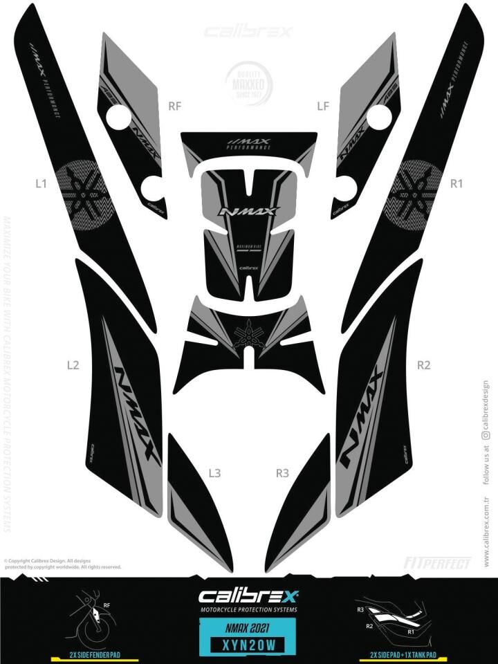 YAMAHA NMAX 125-155 TANK PAD FULL SET 11 PARÇA SİYAH-GRİ 2020-2024