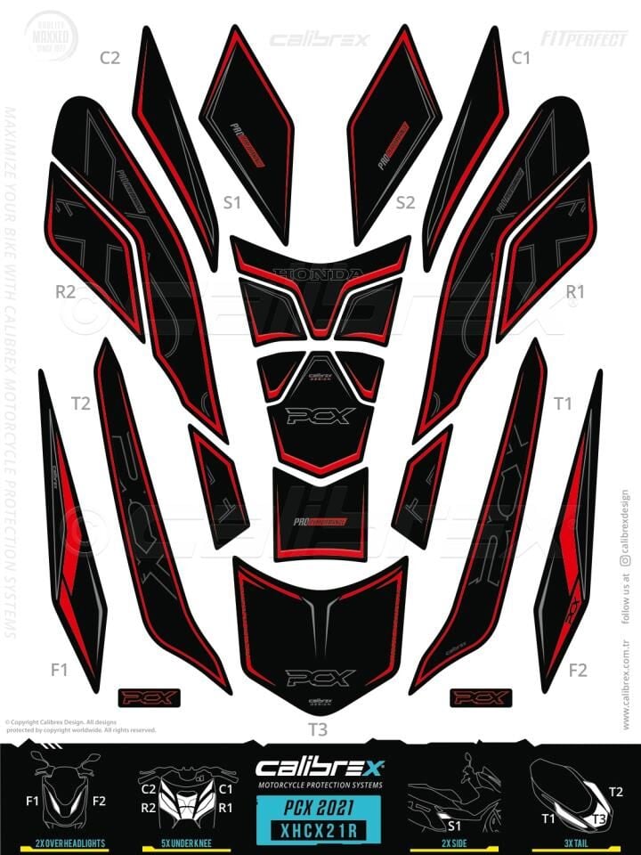 HONDA PCX 125 TANK PAD FULL SET 14 PARÇA SİYAH-KIRMIZI 2021-2024